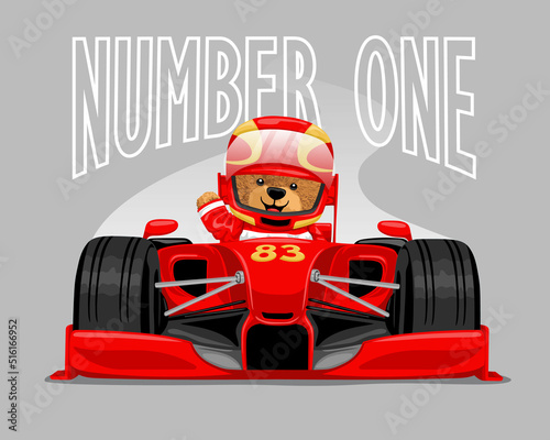 Vector illustration of teddy bear on formula one car