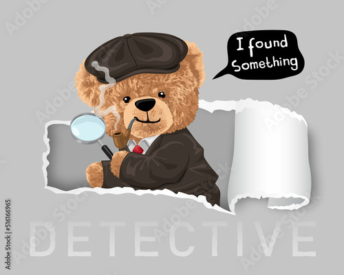 Vector illustration of teddy bear in detective costume holding magnifying glass