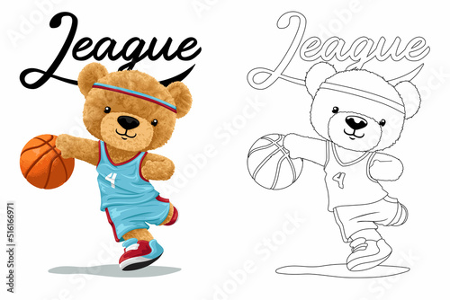 Hand drawn vector illustration of teddy bear playing basketball. Coloring book or page