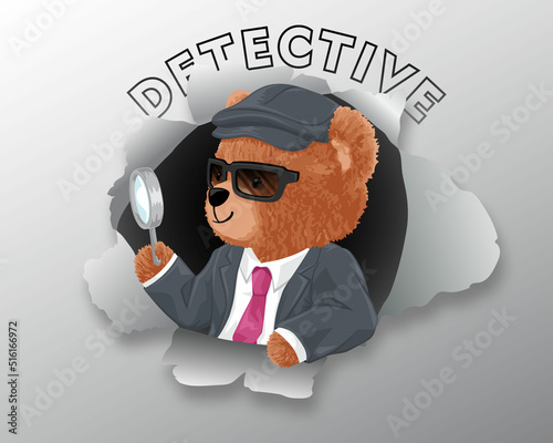 Vector illustration of teddy bear in detective costume holding magnifying glass