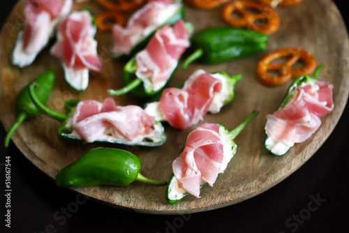 Jalapeno peppers with bacon and cream cheese. Healthy snack.
