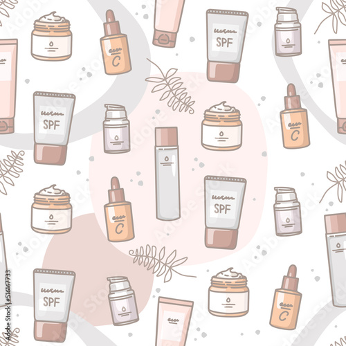 Seamless pattern, vector illustration. Outline drawing and abstract shapes. Cosmetics and plants. Cosmetics for skin care. Tonic, washing foam, cream, serum with vitamin C, cream for sun protection.
