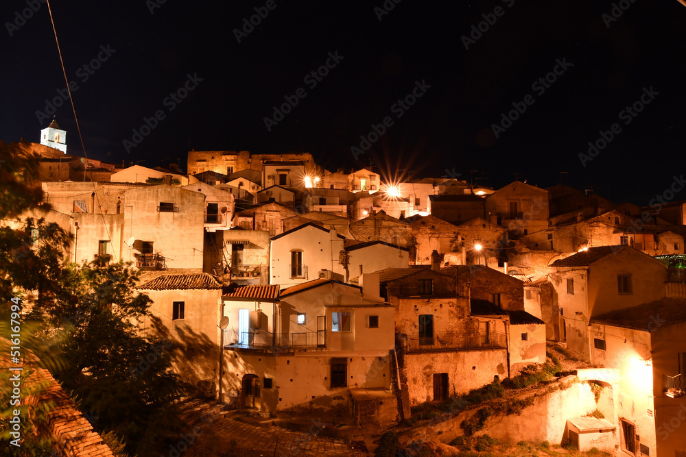 Night view of Grottole, a village in the Basilicata region, Italy.