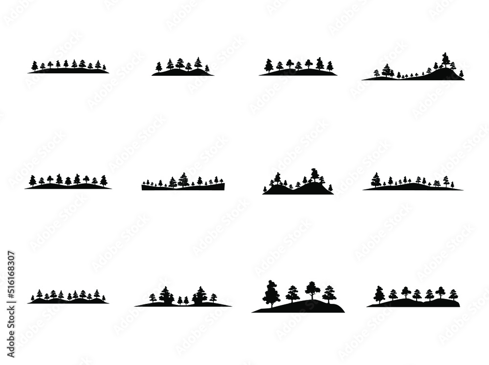 Set of tree vector icon flat, mountain, hills silhouette, isolated on white background.