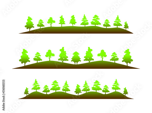 Set of tree vector icon flat, green forest silhouette, hills collection isolated on white background.