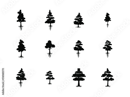 Set of tree vector icon flat, silhouette, isolated on white background.