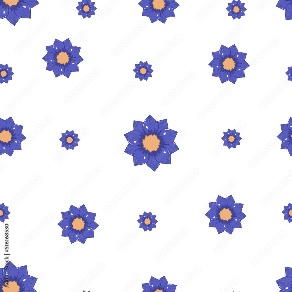 Seamless pattern with autumn blue abstract flowers in warm colors isolated on white background in flat cartoon style