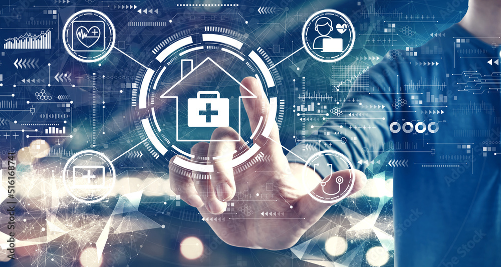 Telehealth theme with a man on blurred city background Telehealth theme with a man on blurred city background