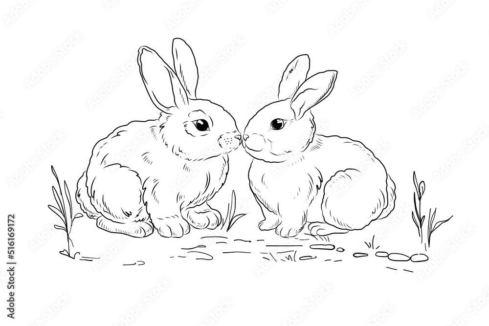 Two rabbits are sitting opposite each other. A set with cute rabbits on ...