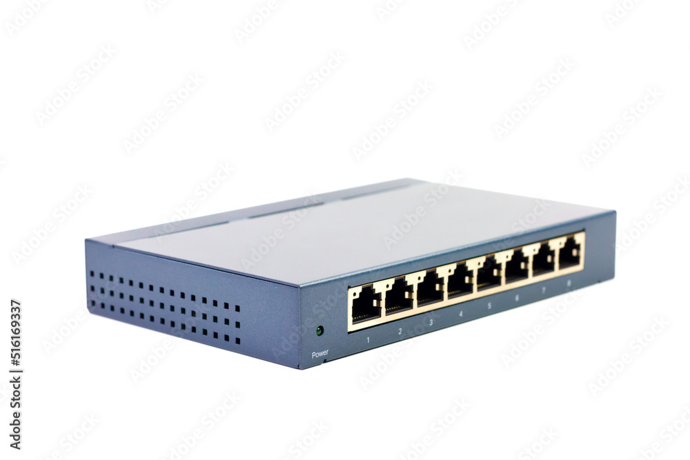 8-port gigabit desktop switch isolated on white background. Components to create local area network for share data and device. 8-port gigabit desktop switch isolated on white background. Components to create local area network for share data and device.