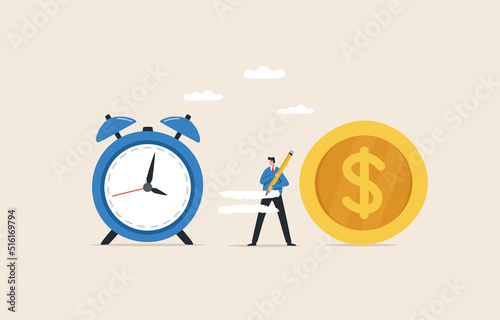 Time is money concept, time value of money, save time, Money saving.Time management. A businessman writes an equal sign in the middle between the clock and the dollar coin.