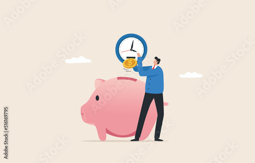 Time and savings.  Money Increase Investment.  .return on investment and investment period. A businessman takes a coin from his watch to put his piggy bank.