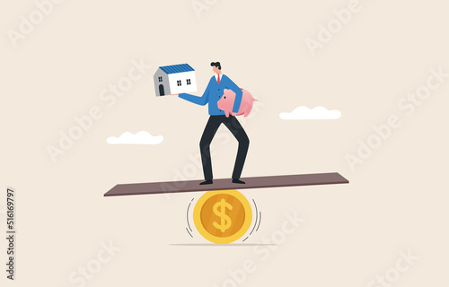 Financial balance and mortgage loans. Home loan Interest rates or the balance between income and debt or loans. .Businessman holding a house and a piggy bank standing on a seesaw.