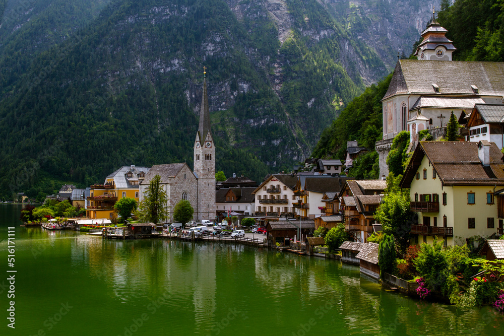 Hallstatt, Austria. View to Hallstatter See Lake and Alps mountains summits. Tourism in Austria. The Alps are a popular tourist destination. Europe.