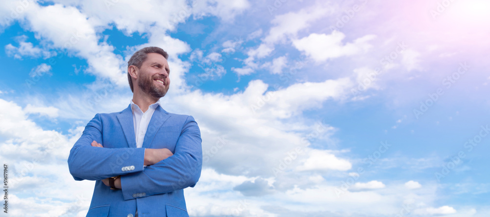Man face portrait, banner with copy space. Business man in suit, blue sky background. professional unshaven ceo. man bride groom on sky background. Man face portrait, banner with copy space. Business man in suit, blue sky background. professional unshaven ceo. man bride groom on sky background.