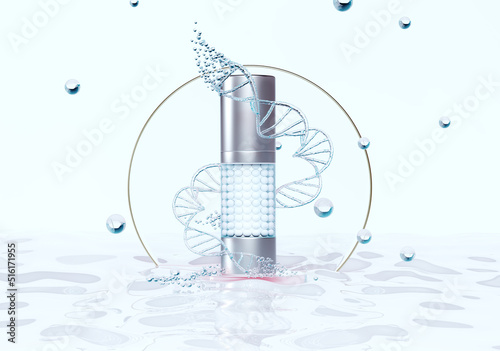 DNA molecular concept moisturizing cosmetics bottle. Moisturizing cosmetics ads template. Realistic cream container and water splash on blue background. 3d rendering, illustration