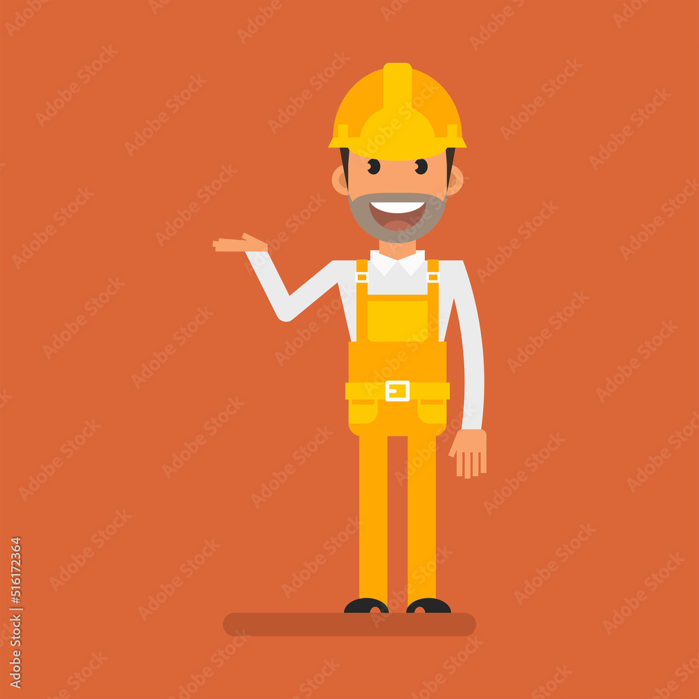 Builder points with his hand and smiles. Flat people. Vector Illustration Builder points with his hand and smiles. Flat people. Vector Illustration
