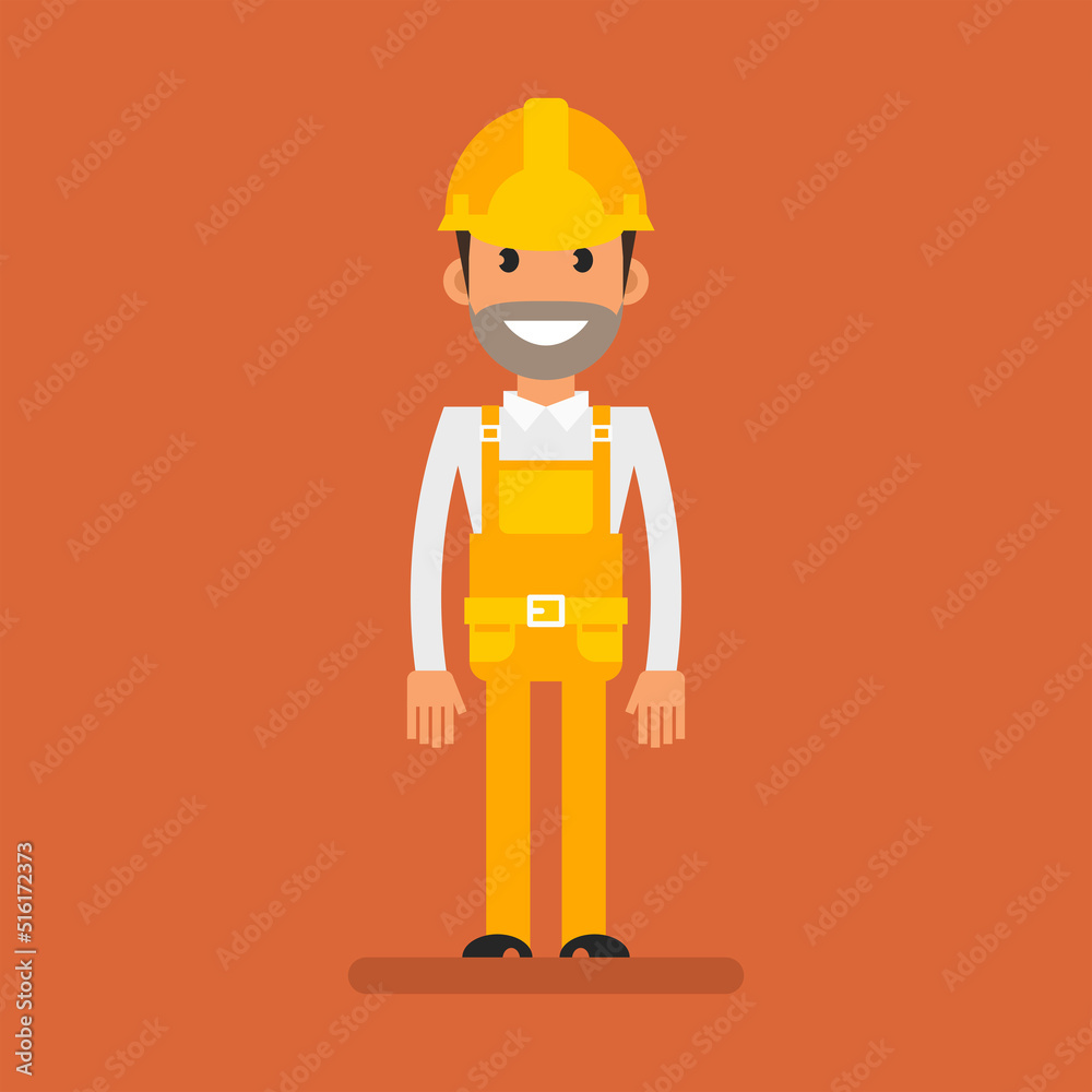 Builder stands and smiles. Flat people. Vector Illustration