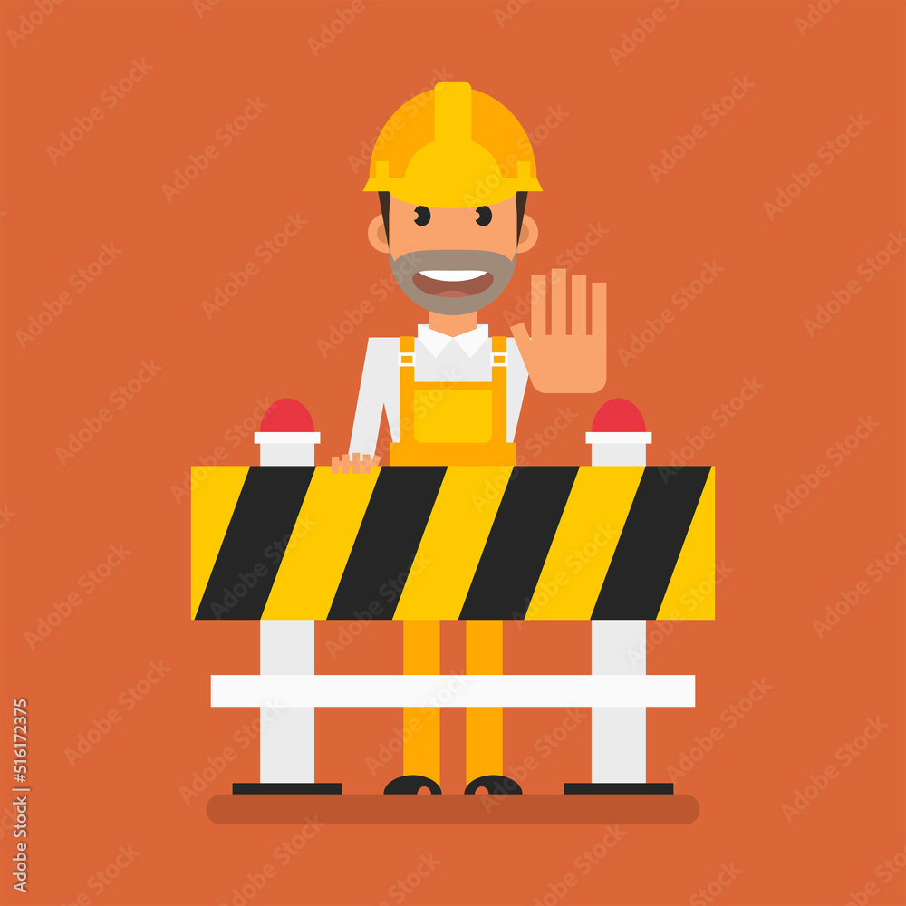 Builder standing behind fence and showing stop with hand. Flat people. Vector Illustration Builder standing behind fence and showing stop with hand. Flat people. Vector Illustration