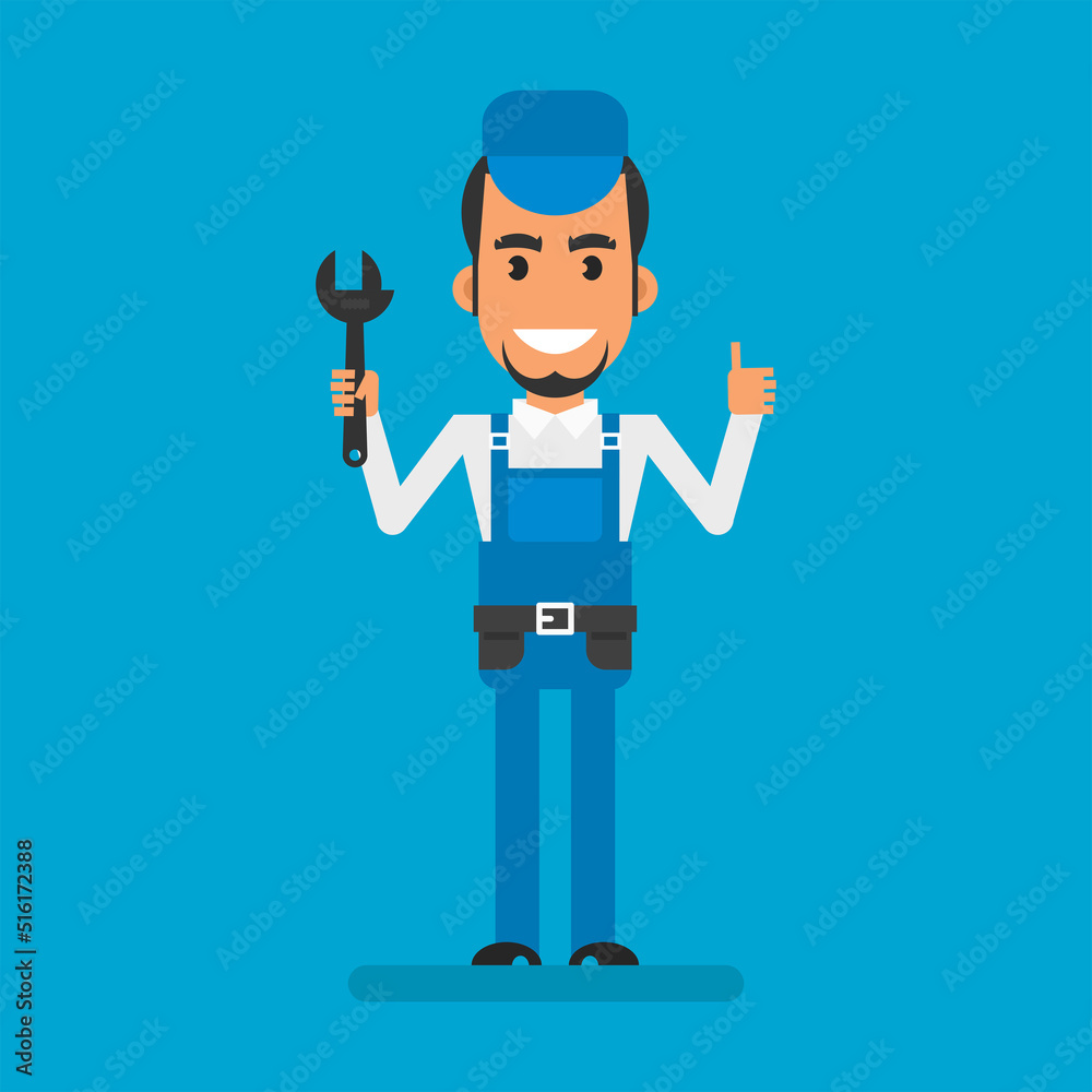 Repairman holding adjustable wrench and showing thumbs up. Flat people. Vector Illustration Repairman holding adjustable wrench and showing thumbs up. Flat people. Vector Illustration
