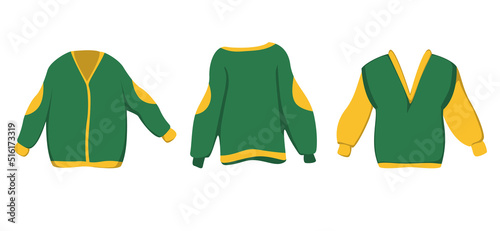 Set of autumn green and yellow sweaters. Vector image.
