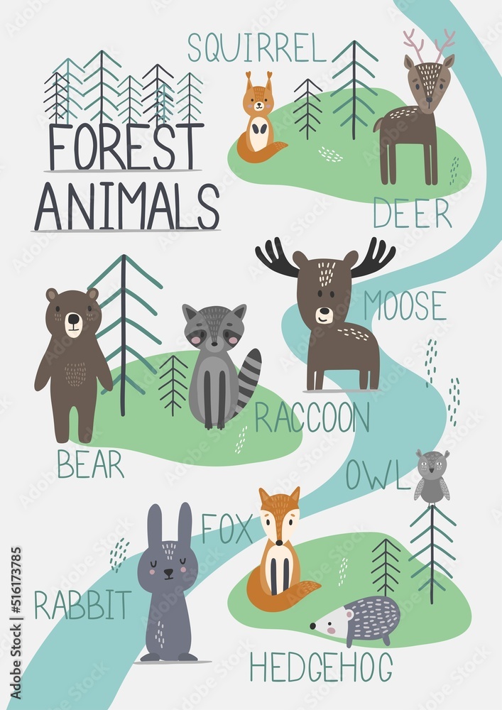 Cute vector zoo poster with animals of the forest in Scandinavian style. Cute vector zoo poster with animals of the forest in Scandinavian style.