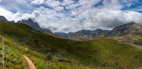Panoramic view of scenic mountains and valleys in Jonkershoek nature reserve, Western Cape, South Africa.