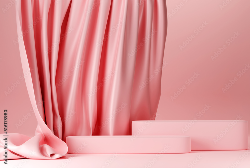Pink pastel podium with pink flying fabric, cloth background Pink pastel podium with pink flying fabric, cloth background