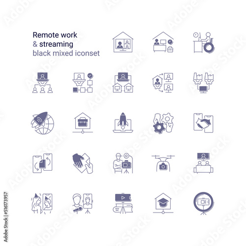 Remote work & streaming black mixed iconset
