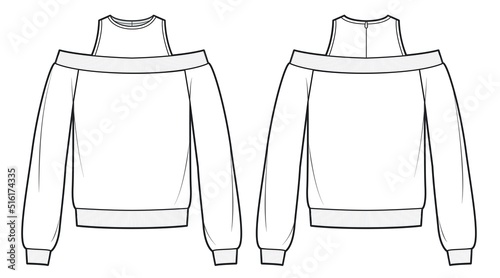 Girl's Sweartshirt fashion flat drawing template. Cutouts Sweatshirt fashion desidn template, front and back, white color, rib collar and hem, open shoulders.