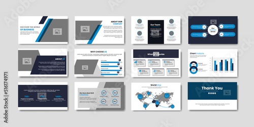 Business presentation slide. powerpoint template design backgrounds. Blue color slide presentations on a white background. Corporate report, marketing, advertising, annual report, banner