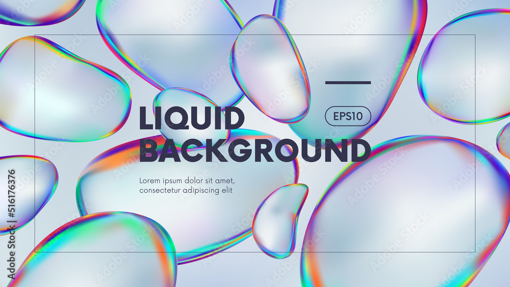 © max_776 - Abstract liquid background with iridescent holographic gradient colorful round shapes, fluid splash rainbow gasoline spill bubble, trendy vector illustration