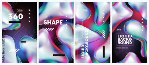 Abstract background set with liquid splash rainbow gasoline spill bubble, iridescent holographic gradient colorful fluid 3d shapes, Modern vector art