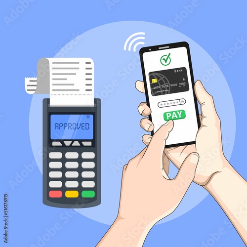 Mobile payments with smartphone. Near field communication payment terminal concept. Online transactions, paypass and NFC. Cartoon flat style illustration.