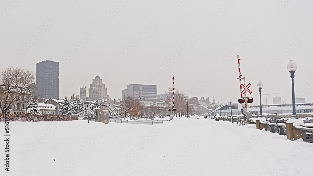 Snow covered railroad in the old port of Montreal, with pine trees and skyscrapers in the distance