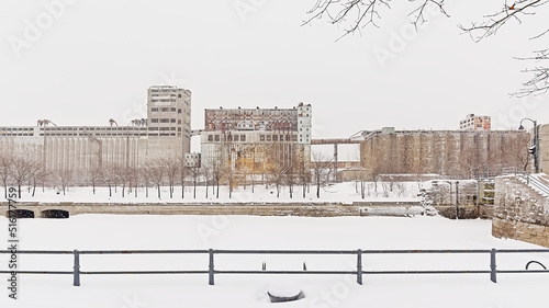 Canada Malting factory along Lachine canal, Montreal in the snow. The factory is now abandoned. Quebec, Canada