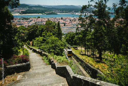 Funicular and stone stairs to the mountain sanctuary of Santa Luzia in Viana do Castelo, Portugal.