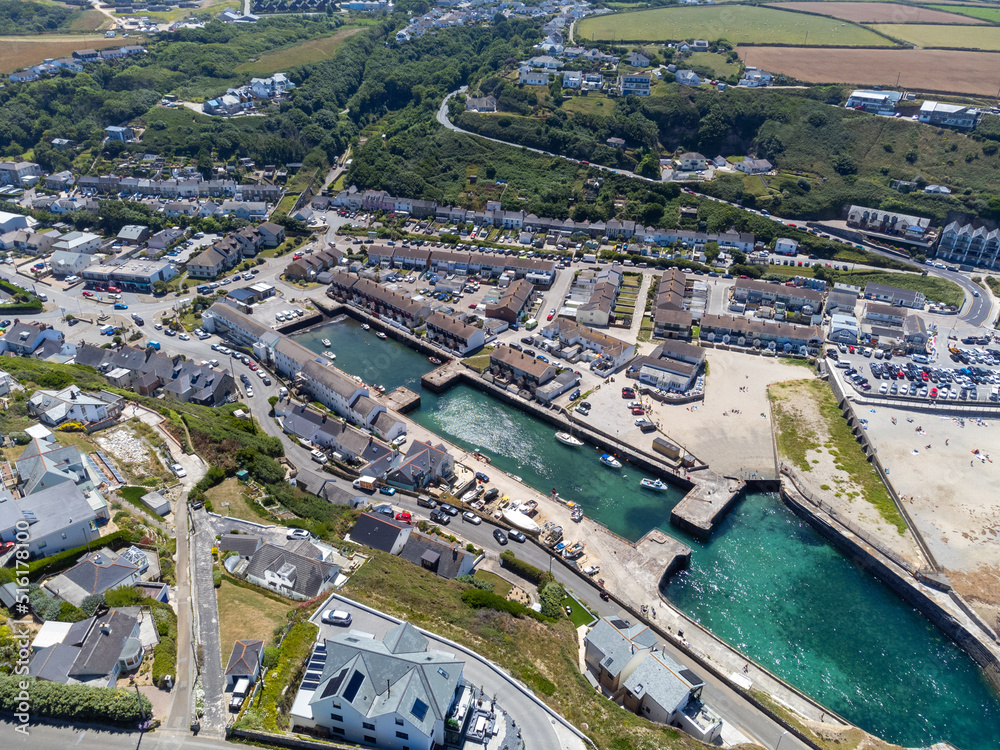 Obraz premium Portreath harbour on a sunny day cornwall england uk aerial drone