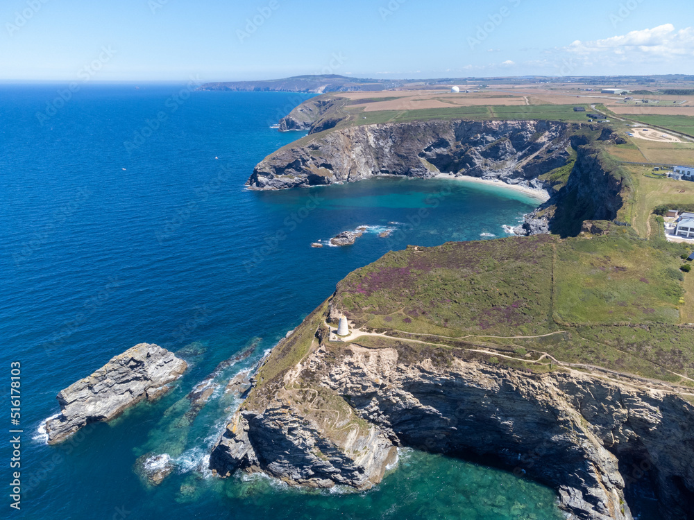 Portreath harbour on a sunny day cornwall england uk aerial drone 