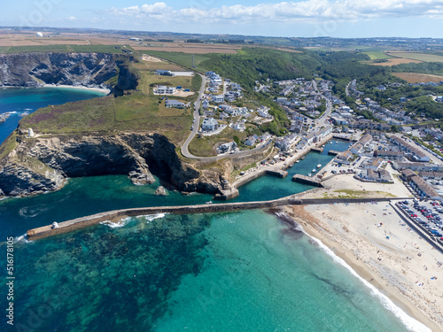 Portreath harbour on a sunny day cornwall england uk aerial drone 