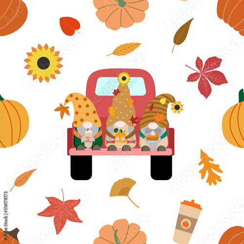 Cute cartoon autumn gnomes in vintage red pickup truck, color autumn pumpkins, coffee in a cup, pumpkin pie, and fallen leaves. Vector seamless pattern.