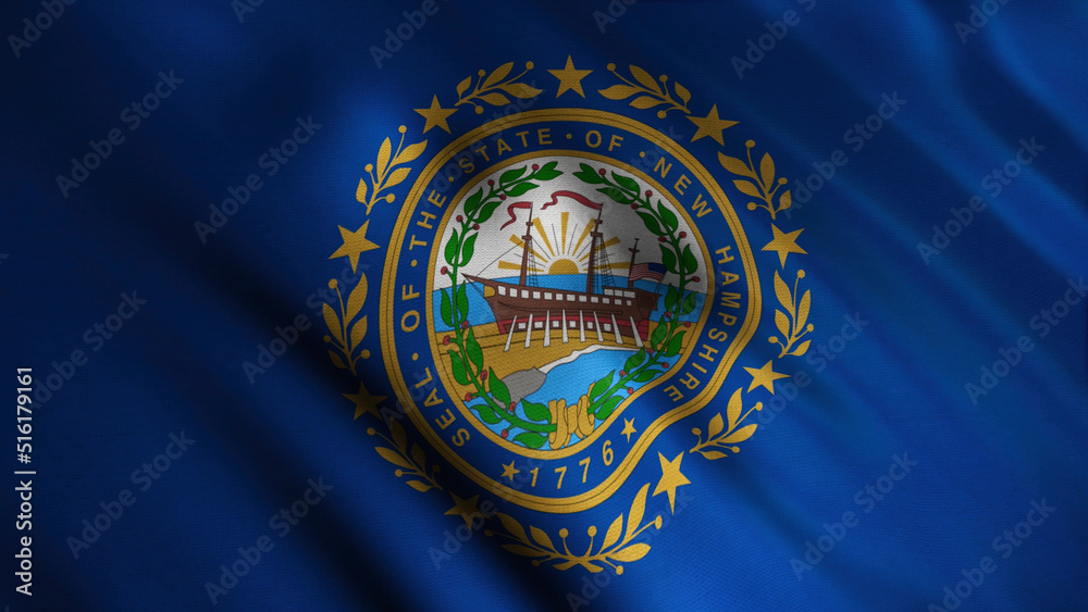 New Hampshire, State Flag in America, abstract fabric waving in the wind. Animation. Realistic flag as the background with many flowing ripples, seamless loop.