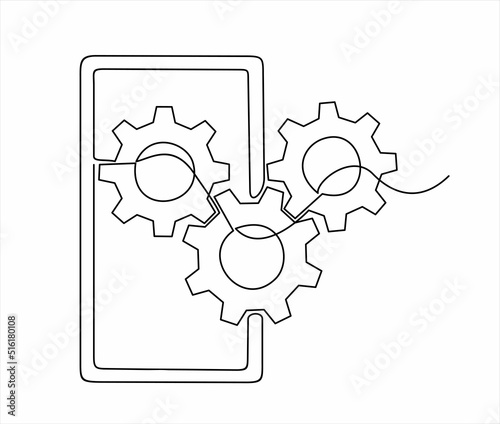 continuous one single line drawing of Smartphone and gears, Adjusting app options, maintenance, repair, fixing monitor.