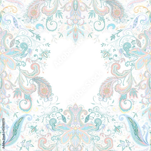 Vintage  floral paisley ethnic luxury seamless square pastel colors detail frame pattern on white background