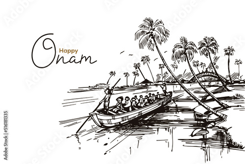 Happy Onam Background vector with Boat race illustration art 