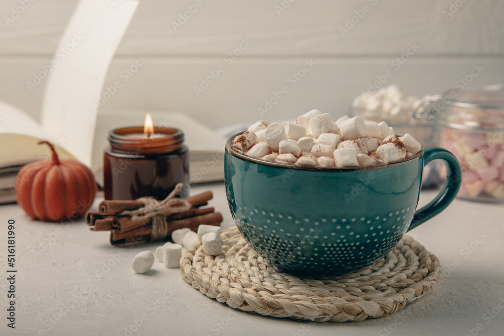 Cup of tasty cocoa drink and marshmallows in blue cup.Spices and marshmallows for winter drinks on white texture table.Winter hot drink.Hot chocolate with marshmallow and spices.Copy space. Cup of tasty cocoa drink and marshmallows in blue cup.Spices and marshmallows for winter drinks on white texture table.Winter hot drink.Hot chocolate with marshmallow and spices.Copy space.