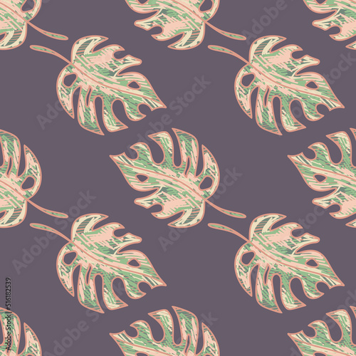 Scribble monstera leaves tropical seamless pattern. Hand drawn exotic hawaiian jungle backdrop. Rainforest background.