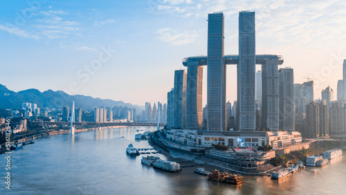 High angle view of sunny day scenery of Chaotianmen Wharf in Chongqing  China