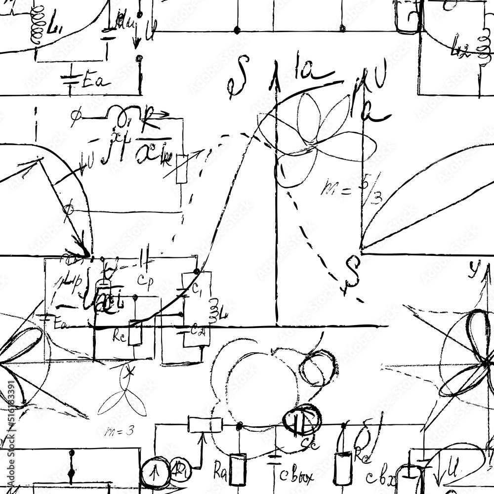 Scientific seamless texture with handwritten formulas and electronic components. Physics and schematic diagram and circuit of  the devices. Vector.