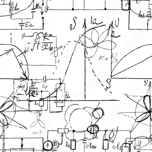 Scientific seamless texture with handwritten formulas and electronic components. Physics and schematic diagram and circuit of  the devices. Vector.